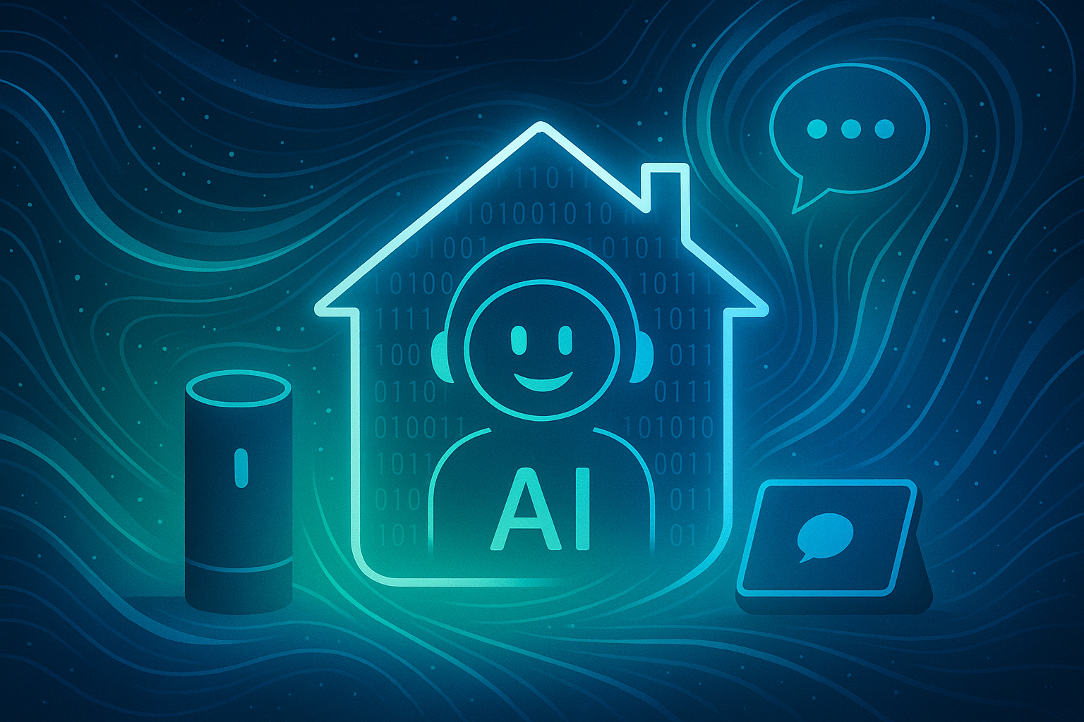 Abstract digital art illustrating AI home assistants transforming daily routines, featuring glowing voice-enabled devices, holographic home icons, and swirling lines representing artificial intelligence.