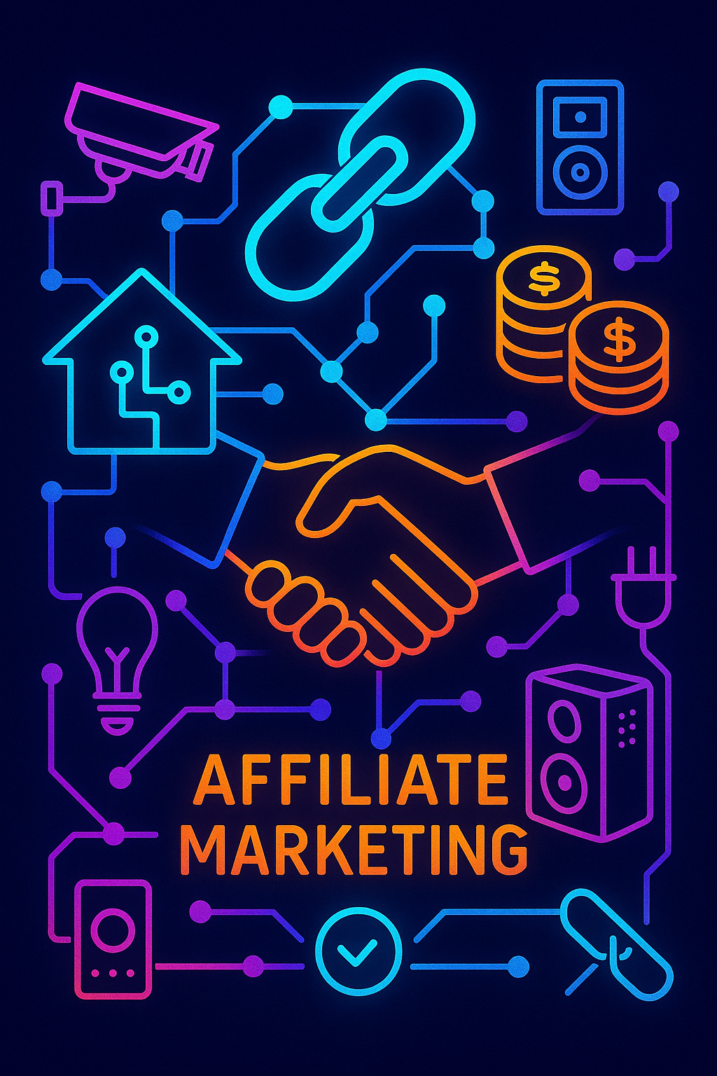 Smart home affiliate marketing illustration with network connections and currency symbols