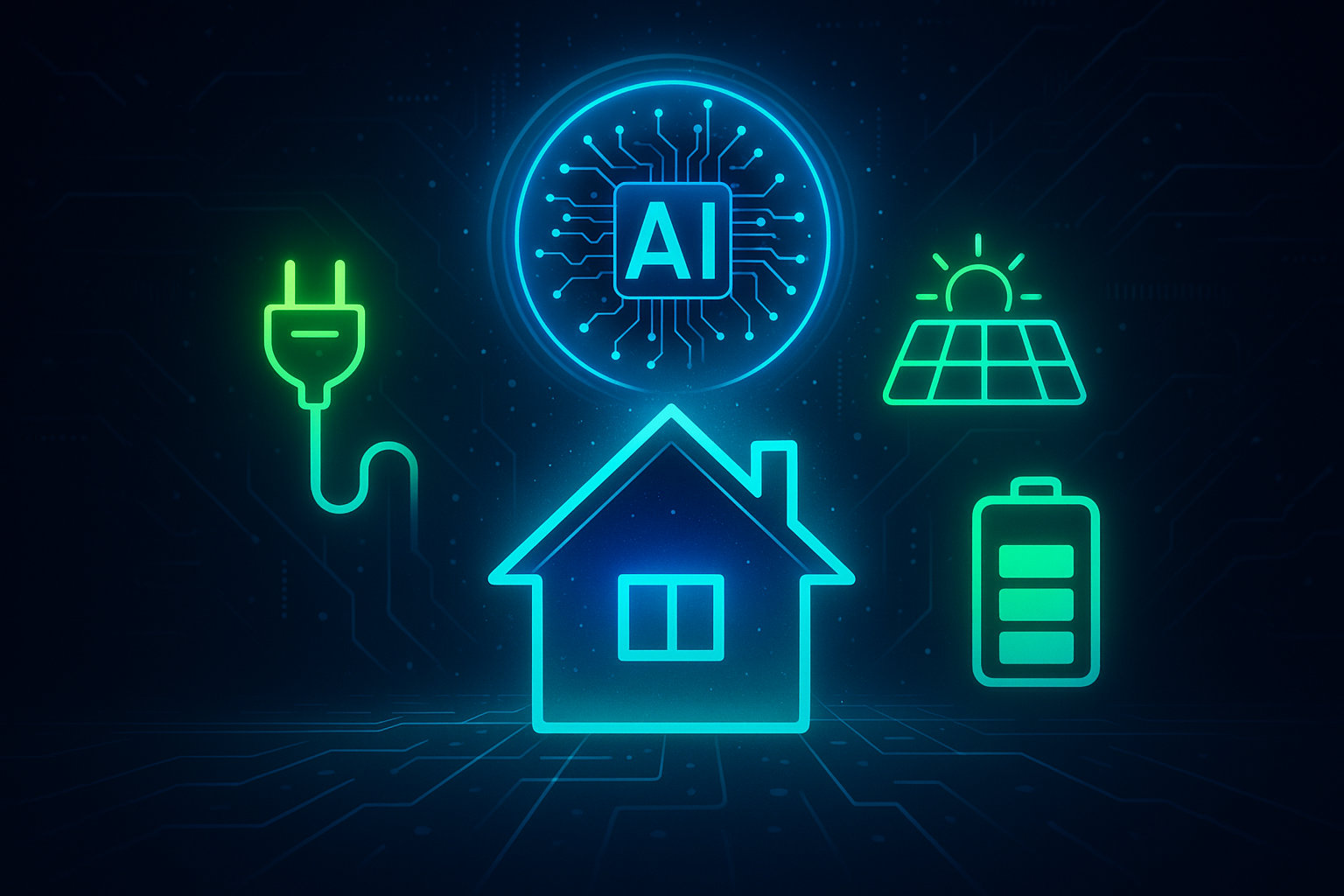 Abstract digital art representing AI-driven energy management with glowing blue and green lines, smart home icons, and eco-friendly energy symbols.